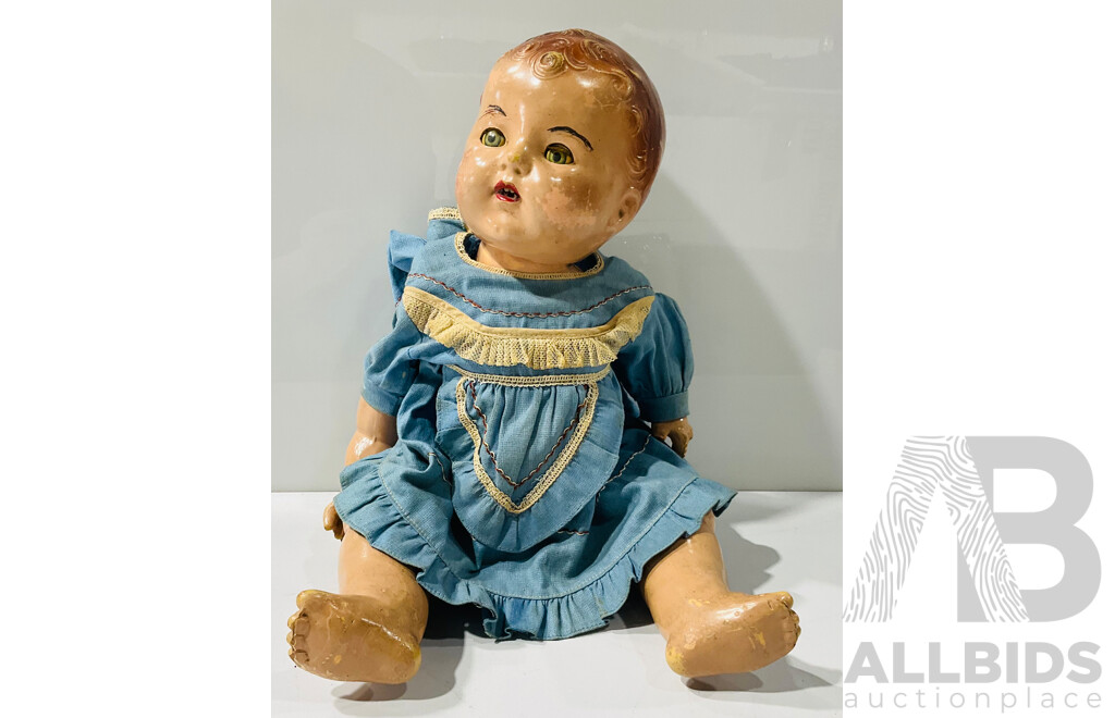 Vintage 1940 Reliable Cuddlekins Doll - All Composition, Jointed Hips, Shoulders and Neck with Blue Metal Eyes, Lashes, Painted Lower Lashes, Brown Molded Curls, Open Mouth Showing Two Teeth, Dimple on Chin,