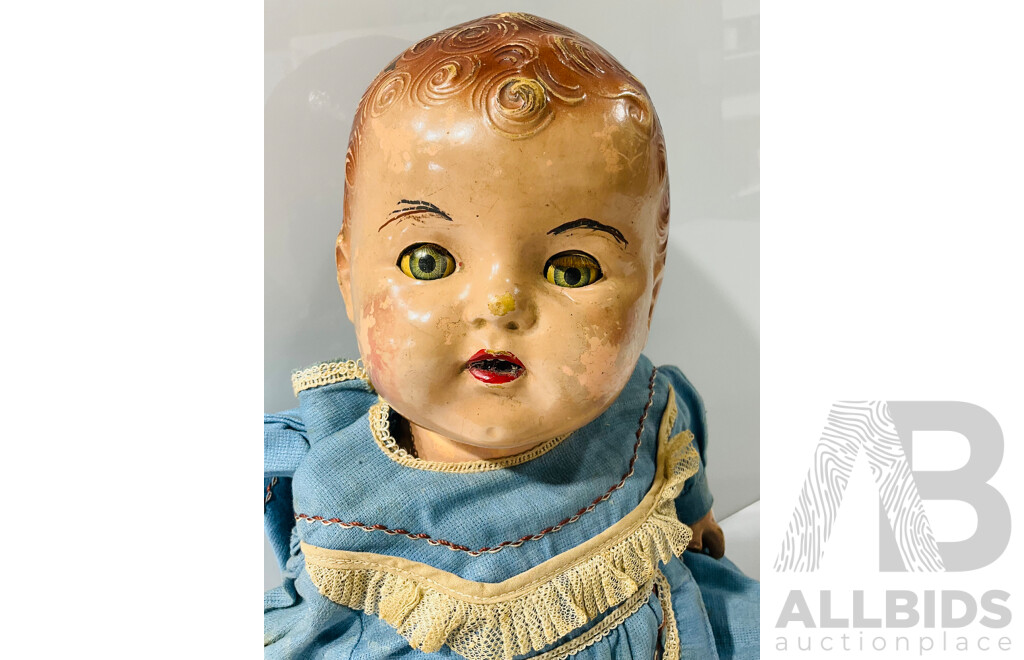 Vintage 1940 Reliable Cuddlekins Doll - All Composition, Jointed Hips, Shoulders and Neck with Blue Metal Eyes, Lashes, Painted Lower Lashes, Brown Molded Curls, Open Mouth Showing Two Teeth, Dimple on Chin,