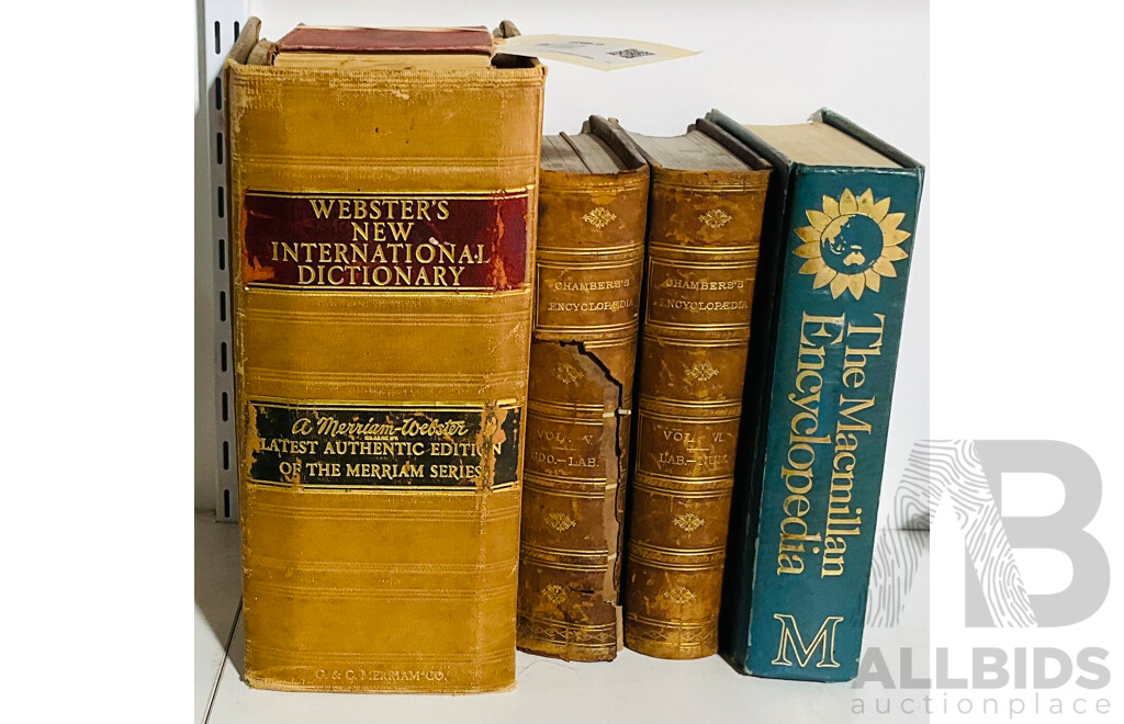 Collection of Five Vintage Reference Books Including Very Large Websters New International Dictionary, Two Volumes of Chambers’s Encyclopedia and More