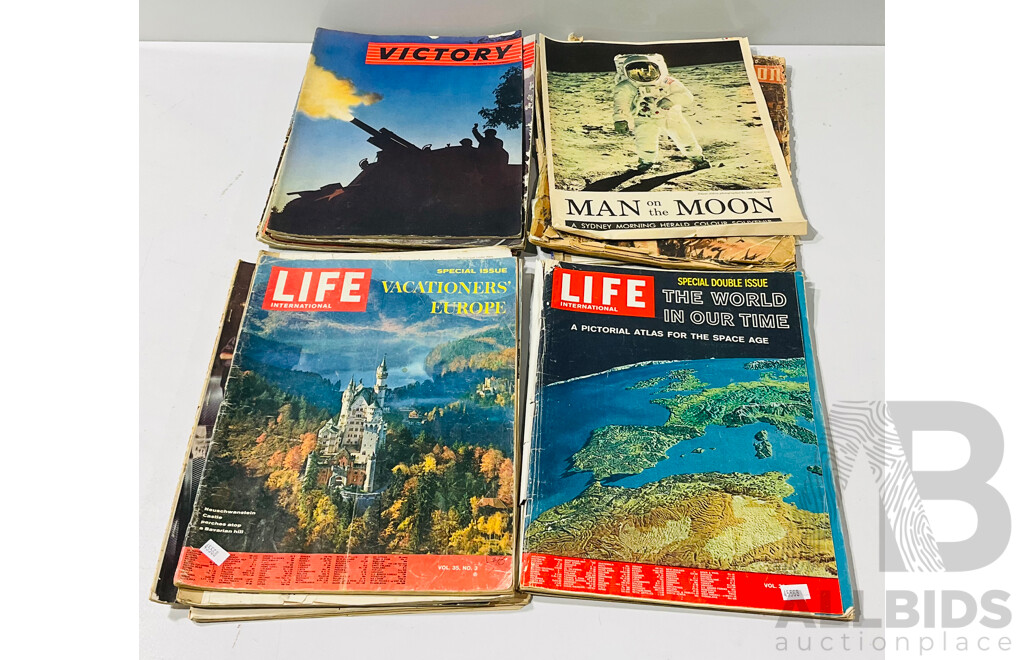 Collection of Vintage Magazines Including Victory, Life, March of a Nation, Man on the Moon Sydney Morning Herald Pull Out Souvenir and More
