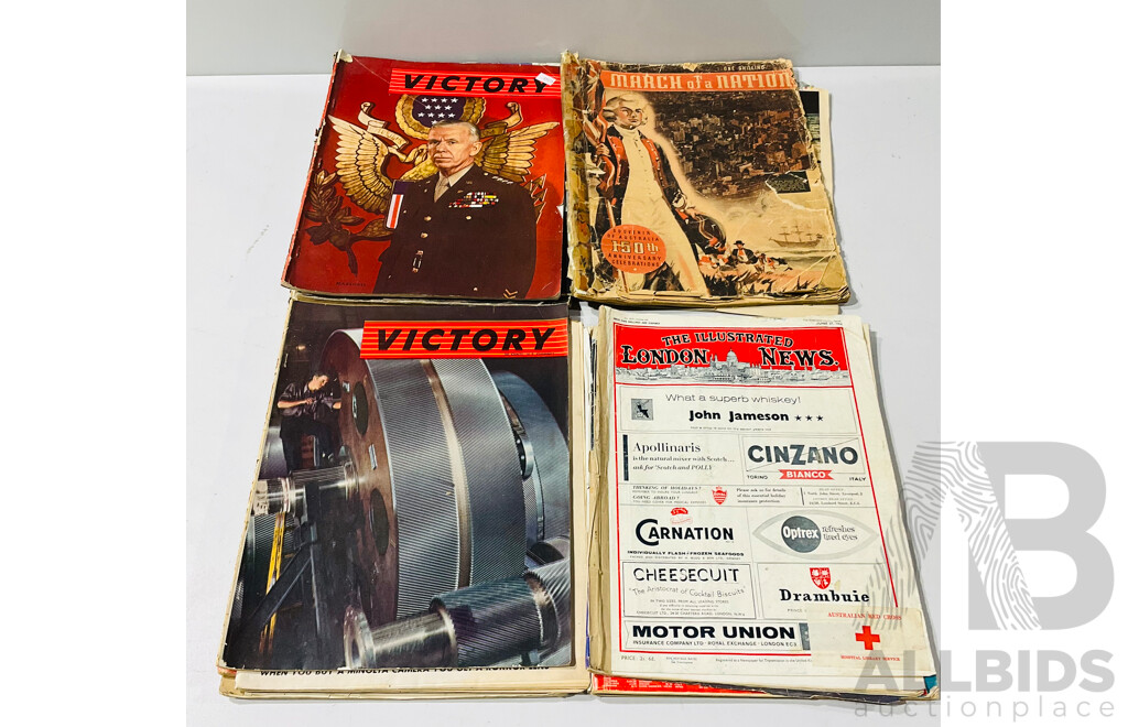 Collection of Vintage Magazines Including Victory, Life, March of a Nation, Man on the Moon Sydney Morning Herald Pull Out Souvenir and More