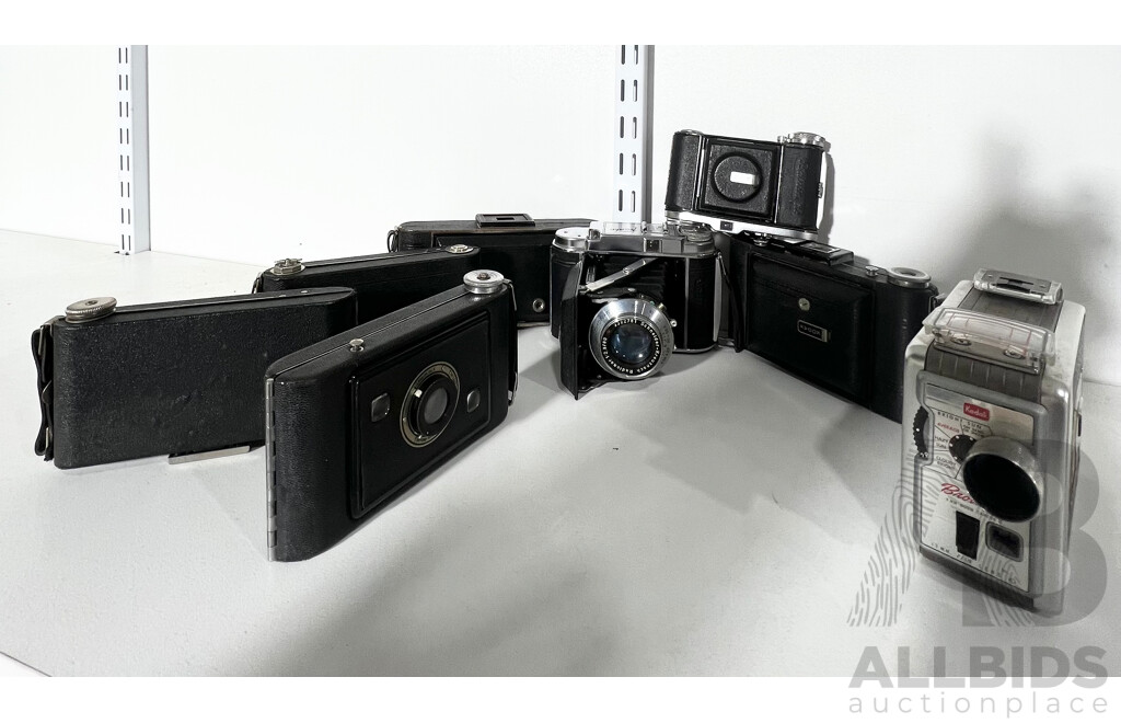 Collection of Nine Vintage Cameras Inc Kodak and Franka
