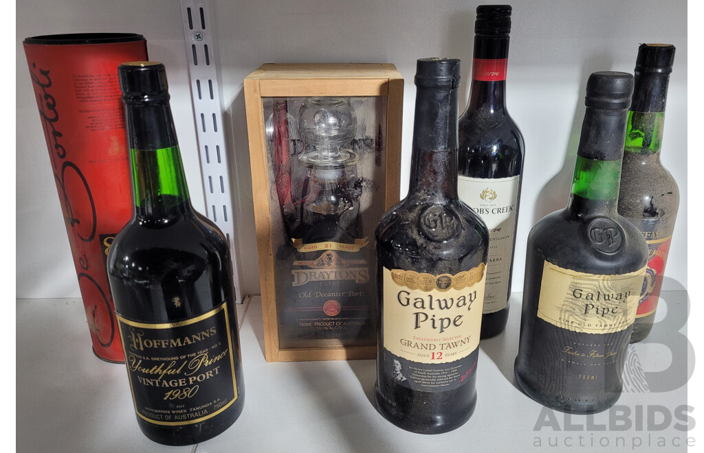 Collection Seven Bottles Australian Port and Wine Including Hoffmans 1980 VIntage Port Youthfull Prince, Draytons Old Decanter Port in Presentation Box and More