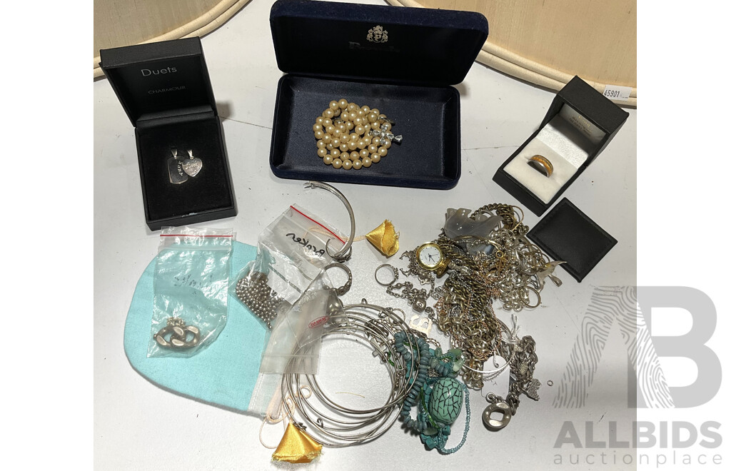 Collection of Costume Jewellery Including Sterling Silver Lovers Pendants, Ring and Allergy Necklace