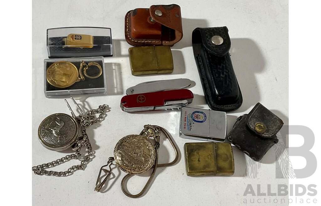 Three Vintage Zippo Lighters, Pocket Watches, Pocket Knives and More