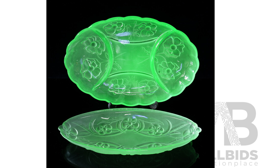 Vintage Uranium Glass Divided Appetisers Dish with Impressed Floral Motif and Another Uranium Glass Example