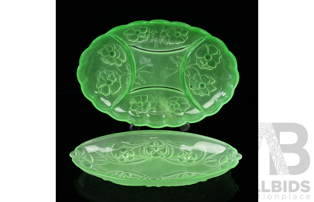 Vintage Uranium Glass Divided Appetisers Dish with Impressed Floral Motif and Another Uranium Glass Example