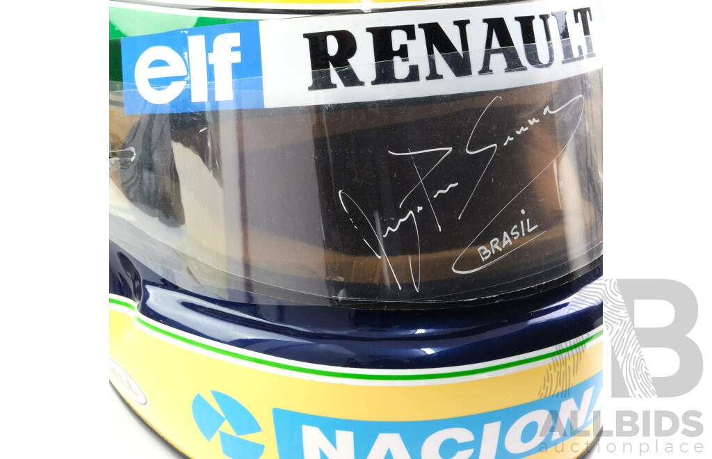 Bell Motorcycle Helmet with Protective Visor Signed by Ayrton Senna, 1985 Lotus GP with Certificate of Authenticity