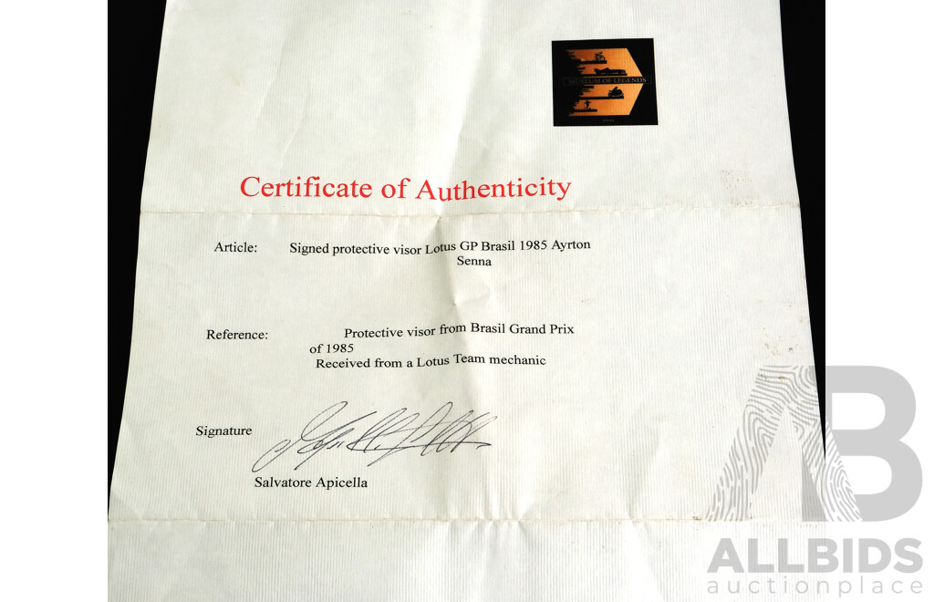 Bell Motorcycle Helmet with Protective Visor Signed by Ayrton Senna, 1985 Lotus GP with Certificate of Authenticity