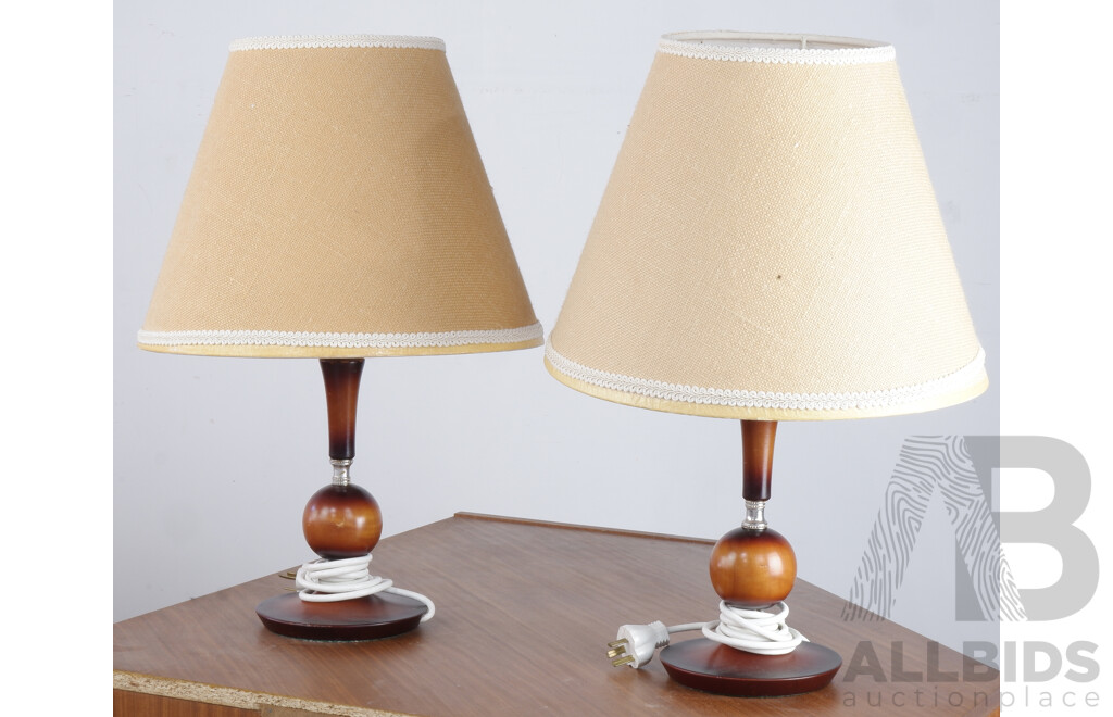Retro Pair of Timber Table Lamps with Hessian Style Shades