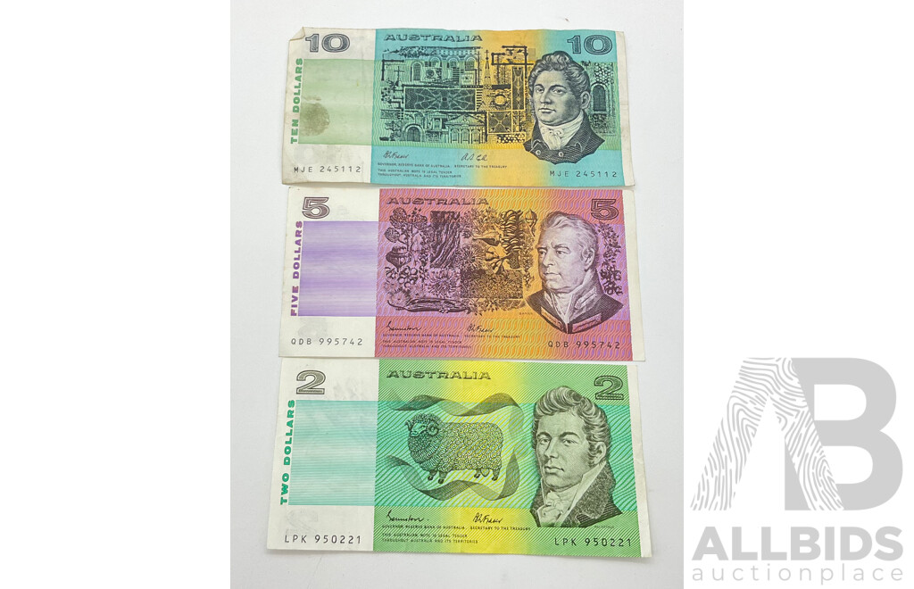 Australian Paper Bank Notes, Ten Dollar MJE Johnston/Fraser, Five Dollar QDB Johnston/Fraser, Two Dollar LPK Johnston/Fraser