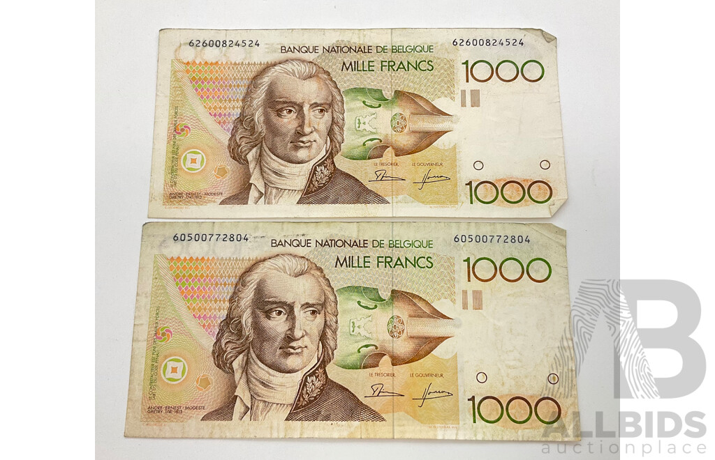 Two Belgium 1000 Francs Notes