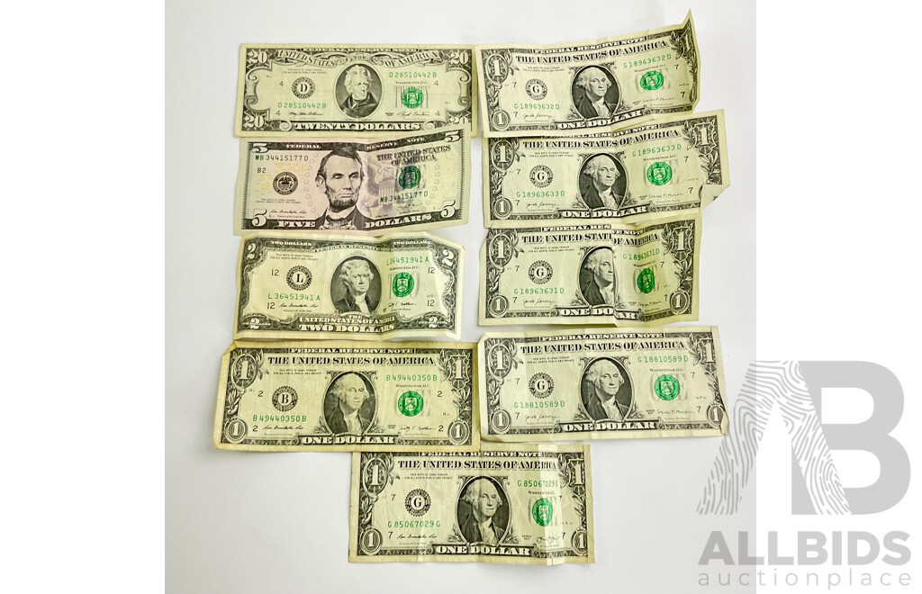 Collection of USA Bank Notes, One Dollar(6) Two Dollars, Five Dollars, Twenty Dollars Examples From New York, Chicago and San Francisco, Years 2009, 2013, 2017,