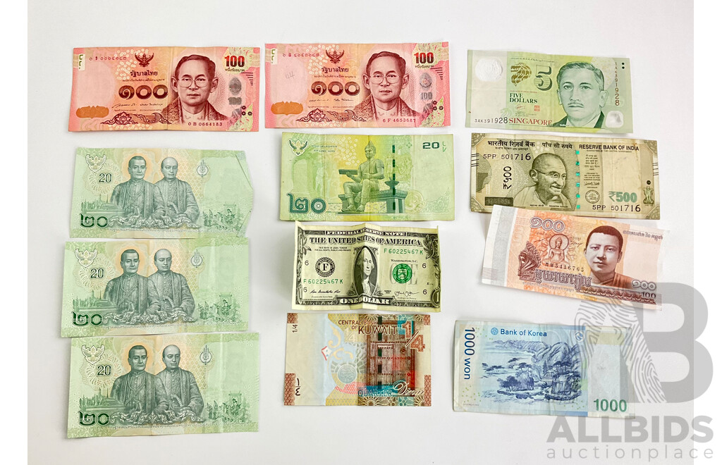 Collection of International Currency Including USA, Kuwait, Korea, Singapore, India, Cambodia, Thailand