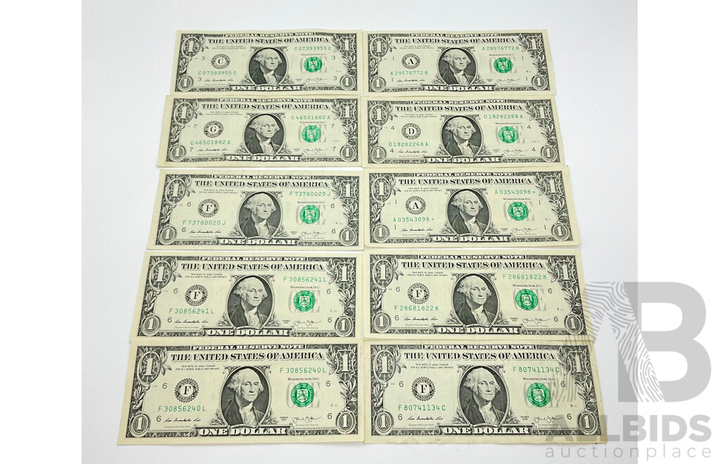 Collection of Ten USA One Dollar Bank Notes, All 2013 Series, Atlanta(5) Chicago, Cleveland, Philadelphia, Boston and Boston Star Note