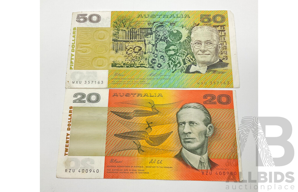 Australian Paper Bank Notes, 1993 Fifty Dollar WXU Fraser/Evans and 1991 Twenty Dollar RZU Fraser/Cole