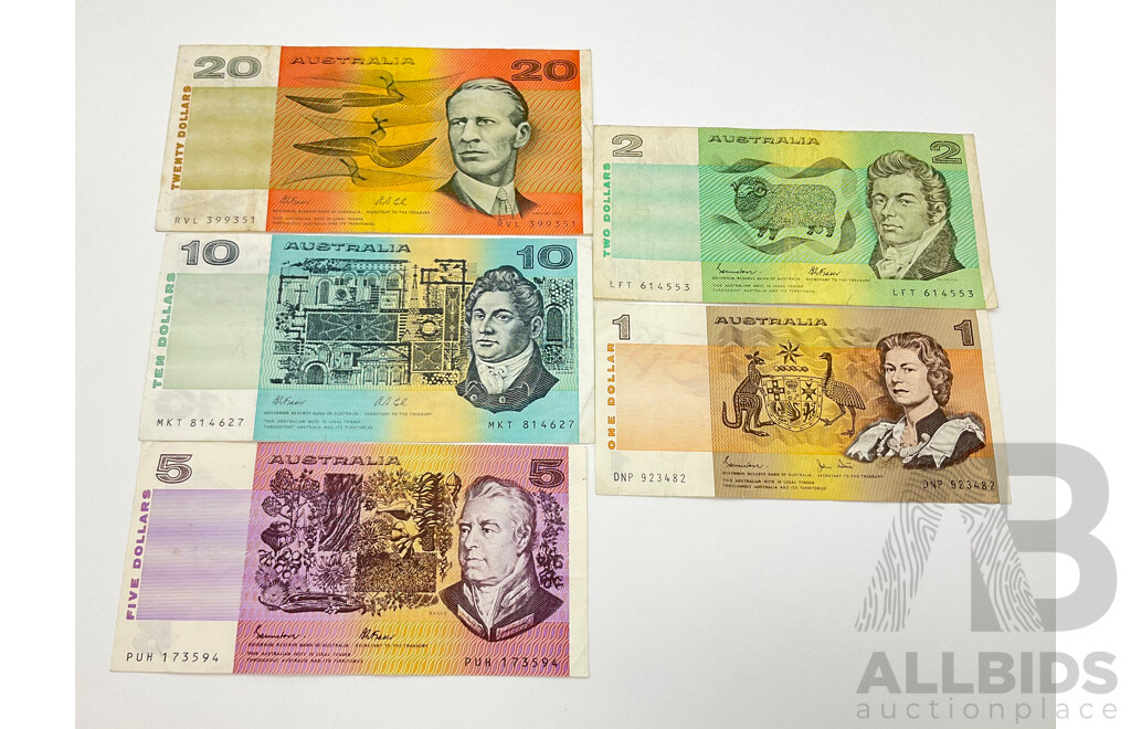 Australian Paper Bank Notes, Twenty Dollars RVL Fraser/Cole, Ten Dollars MKT Fraser/Cole, Five Dollars PUH Johnston Fraser, Two DollarsLFT Johnston/Fraser, One Dollar DNP Johnston/Stone