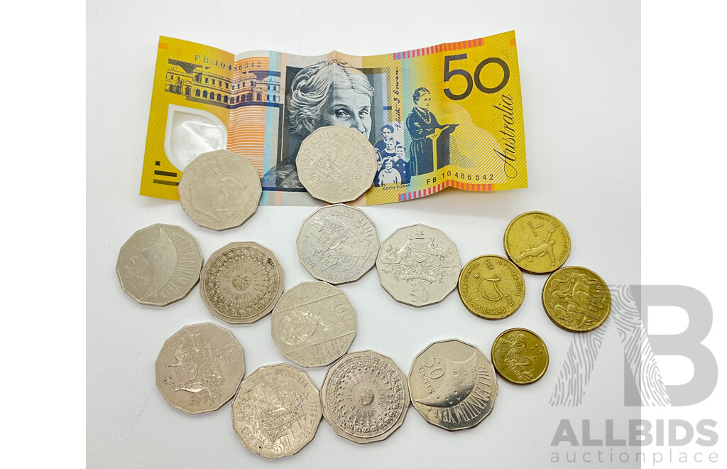Australian Polymer 2010 Fifty Dollar Bank Note Stevens/Henry with Commemorative One Dollar and Fifty Cent Coins