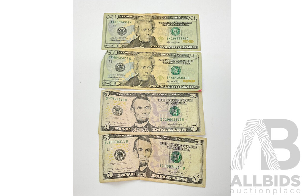Collection of Four USA Bank Notes, All Federal Reserve System, All 2006 Five Dollar (2) Twenty Dollar (2)