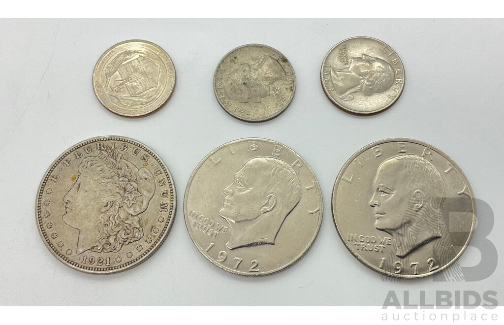 Collection of USA Coins Including 1921, 1972(2) One Dollars and 1967, 1972 and 2015 Quarters