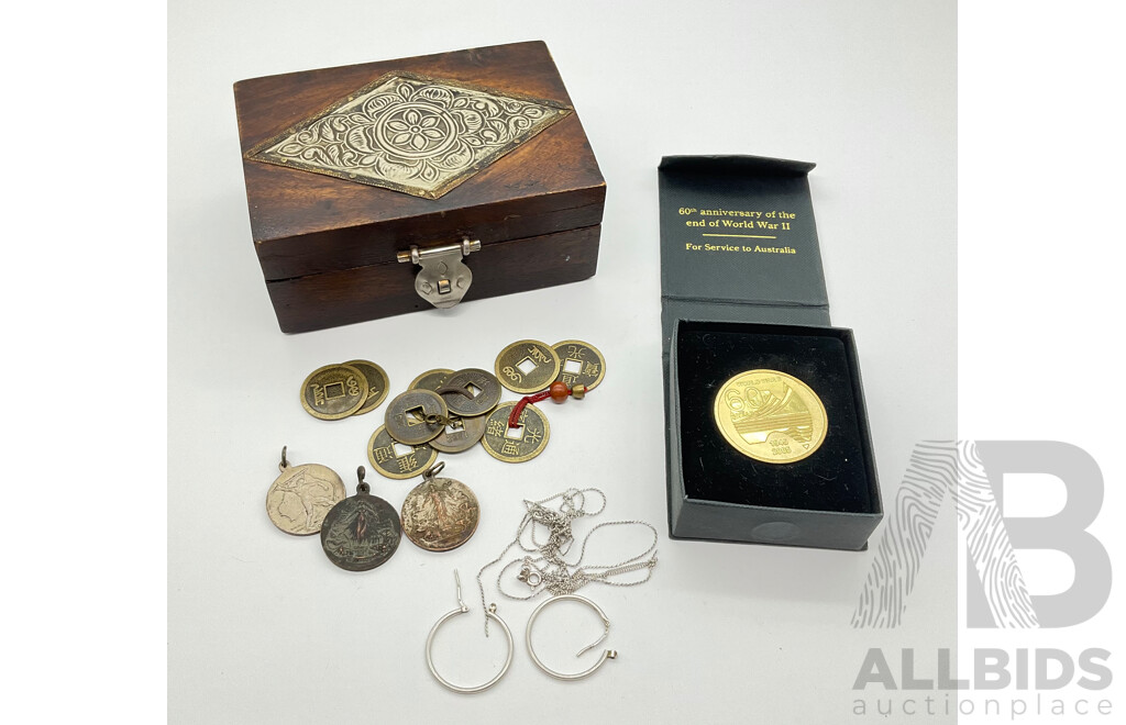 World War One and Two Peace Medallions, Department of Veterans Affairs 60 Year World War Two Medallion I Ching/Chinese Coins, Sterling Silver Earrings and Necklace, Timber and Tin Embossed Jewellery Box,