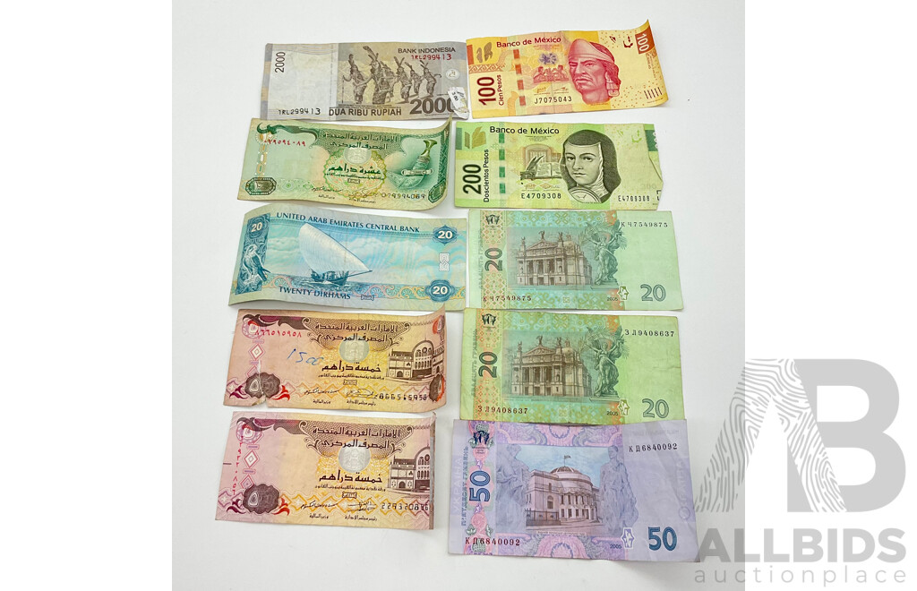 Collection of International Bank Notes Including Mexico, UAE, Ukraine and Indonesia