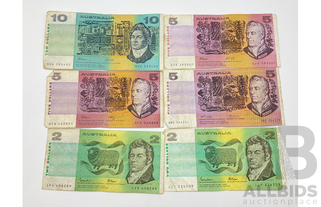Australian Paper Bank Notes, Ten Dollar MNH Fraser/Cole, Five Dollar (3) NNG Phillips/Wheeler, QFN Fraser/Higgins, QJS Fraser/Cole, Two Dollar (2) Johnston/Fraser