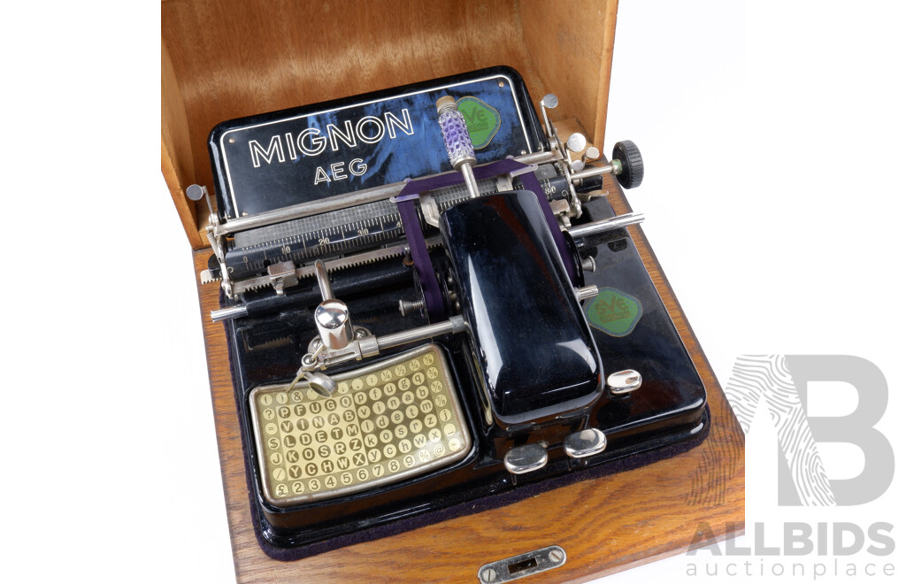 Antique Mignon Rectangular Index Typewriter by SVE, London, in Case with Original Instruction Manual