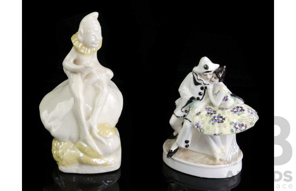 Antique Irish Beleek Porcelain Pixie on Toadstool Figure Along with Another Continental Figure of Pierrot