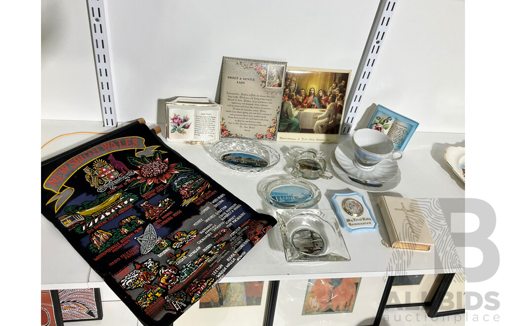 Collection Religious and Souvenir Ware Including Parkes NSW Porcelain Trio, Three Glass Souvenir Ashtrays, NSW Banner and More