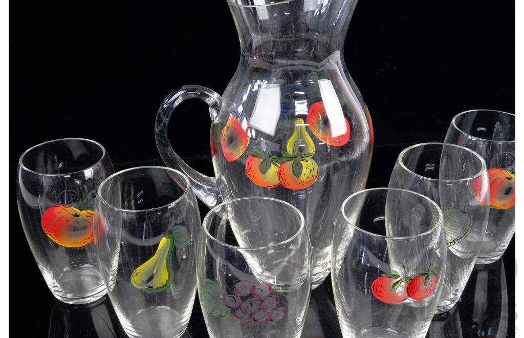 Vintage Hand Painted Glass Pitcher with Six Matching Glasses