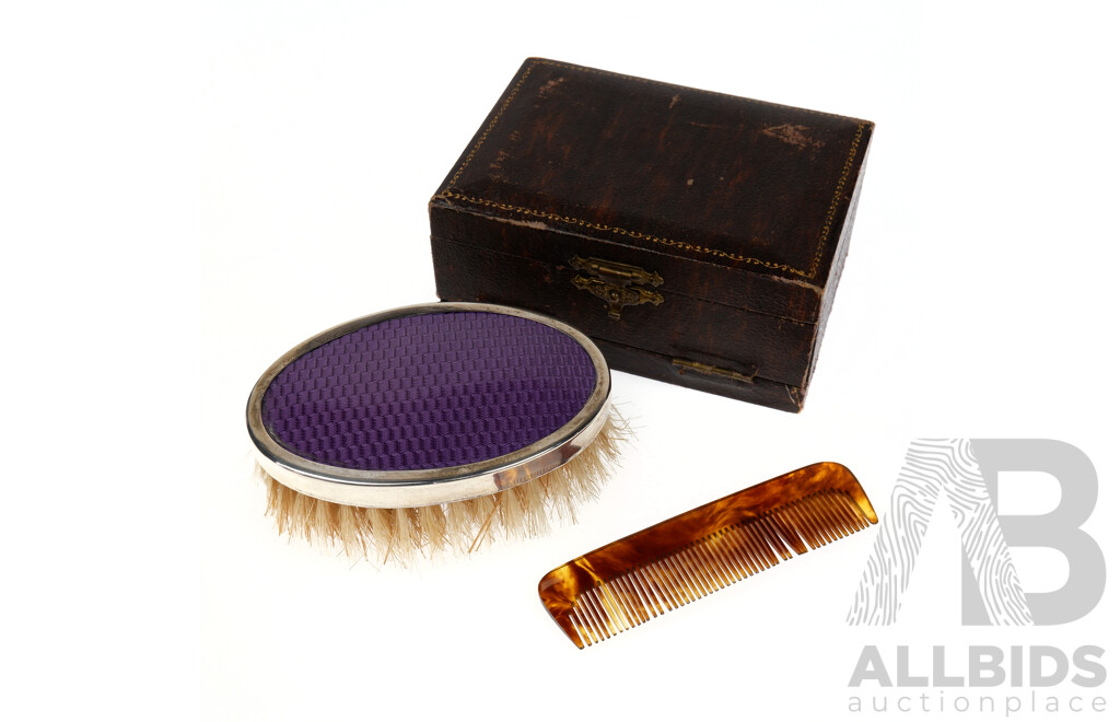 Antique Brush with Guilloche Top and Silver Mounts, Birmingham 1902 in Original Box with Faux Tortishell Comb