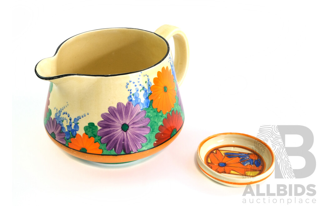 Two Vintage Hand Painted Clarice Cliff Pieces for Wilkinson Comprising Fantastique Pin Dish and Bizarre Gay Day Jug