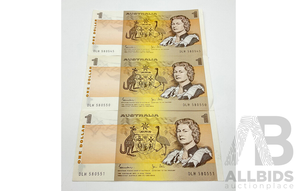 Three Australian One Dollar Notes Johnston/Stone DLH 580545 DLH 580550 DLH 580551