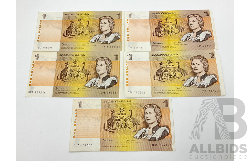 Five Australian One Dollar Notes Johnston/Stone DJA, DPR, DJY, DKP, DLC