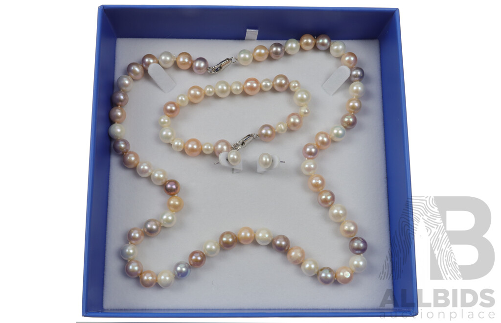 Freshwater Cultured Pearl Necklace, Bracelet & Button Pearl Stud Earrings Set in Pastel Colours