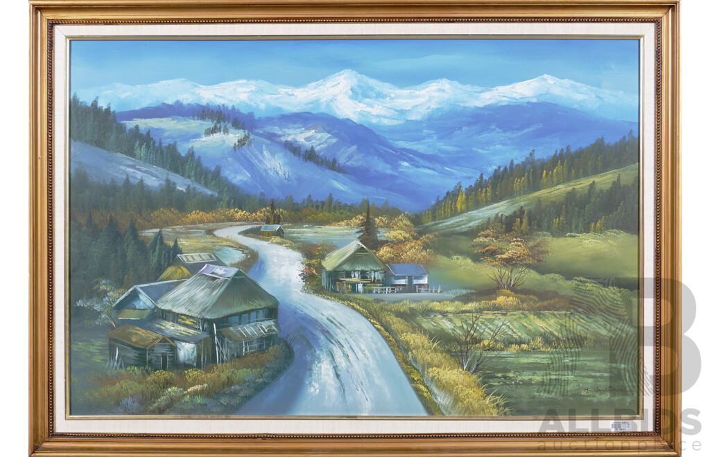 Harold Newton (20th Century), Untitled (Valley at Foot of Alpine Mountains), Acrylic on Canvas