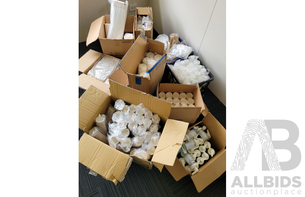 Boxes of Disposable Food Containers, Cups, Utensils and More