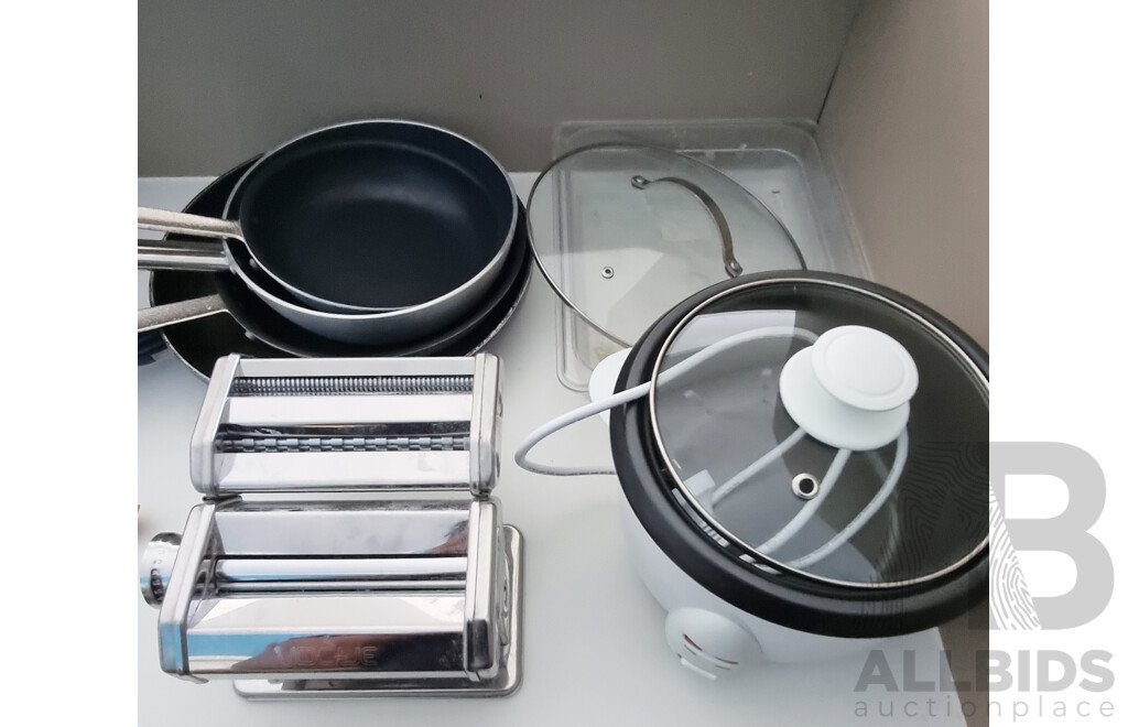 Assorted Kitchen Items Including Pasta Machine, Rice Cooker, Pans, and More