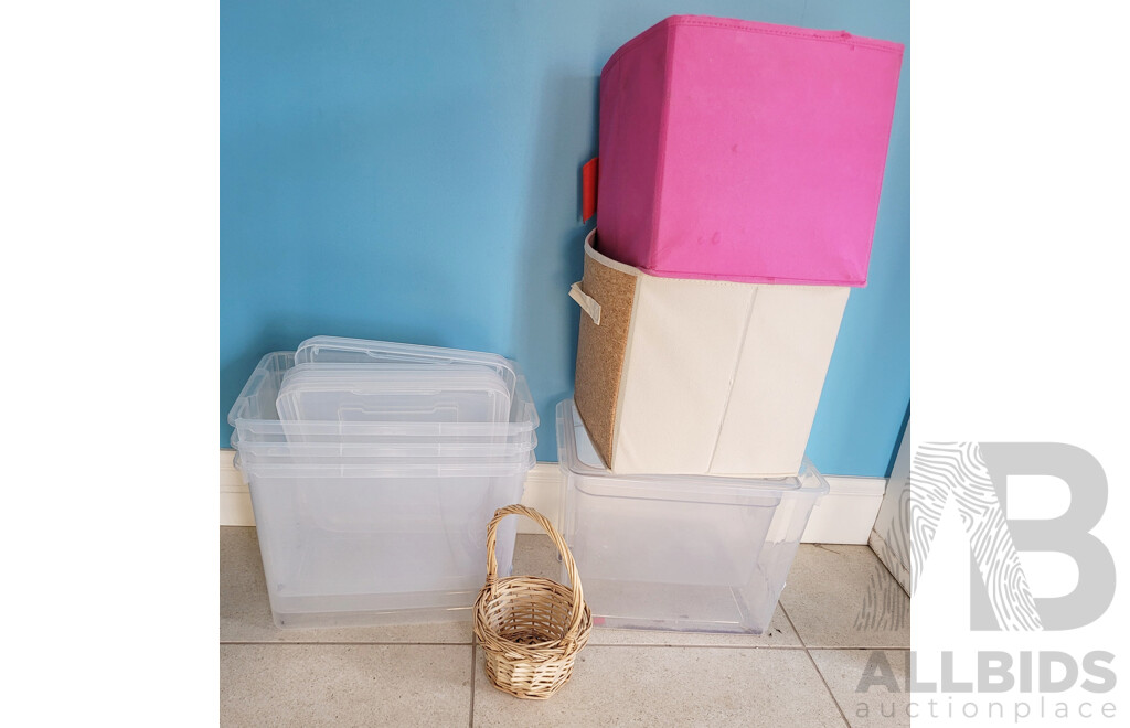 Assorted Plastic Containers, Storage Bins, and Small Wicker Basket