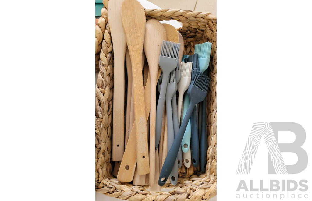 Assorted Tongs, Plastic & Wooden Spatulas, and Pastry Brushes