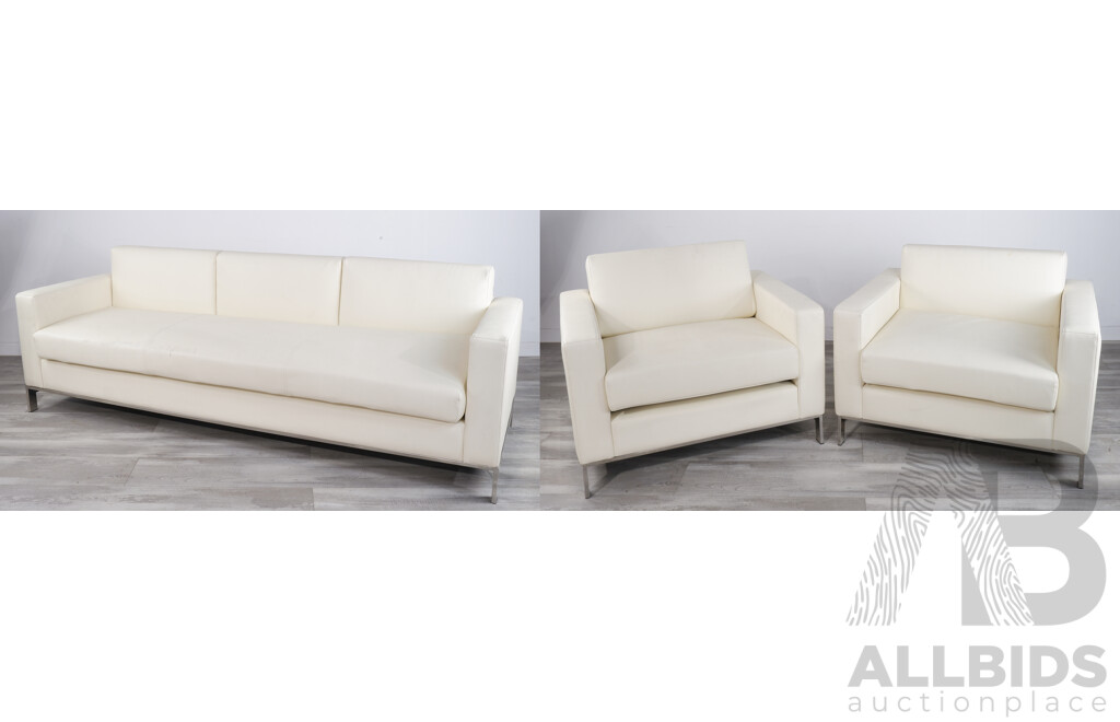 Contemporary Three Piece White Leather Loung Set