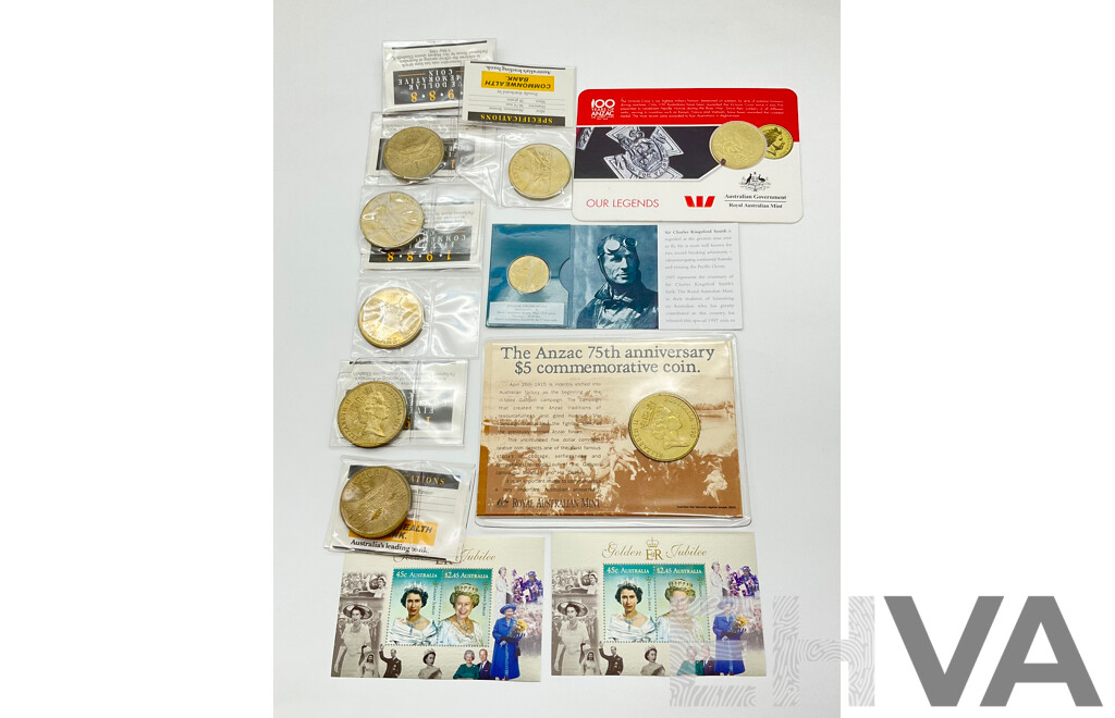 Collection of Seven Australian Five Dollar Coins, Two RAM Commemorative Carded Coins and QE2 Golden Jubilee Stamps