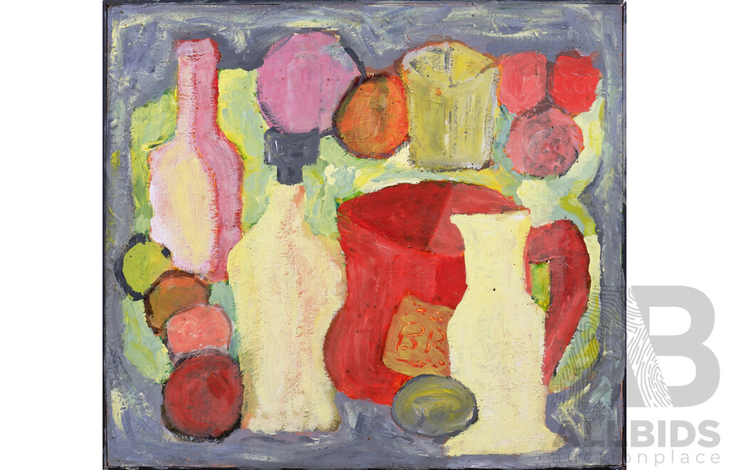 S. Mitchell, Still Life with Bottles and Fruit, Oil on Masonite