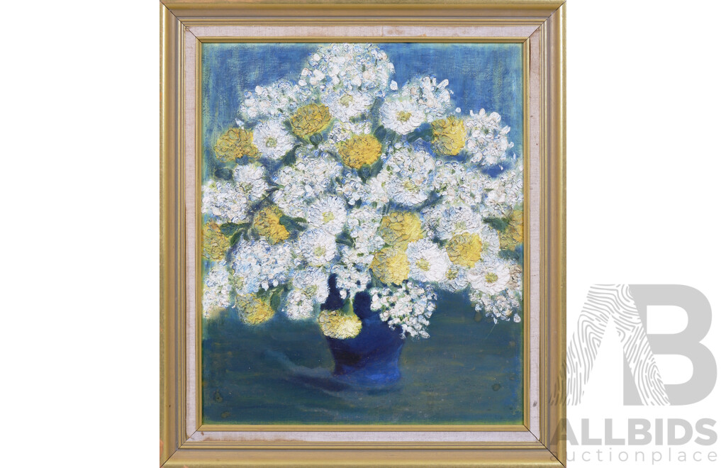 Mid 20th Century Still Life of Yellow and White Flowers, Oil on Board Together with Framed Floral Embroidery (2)