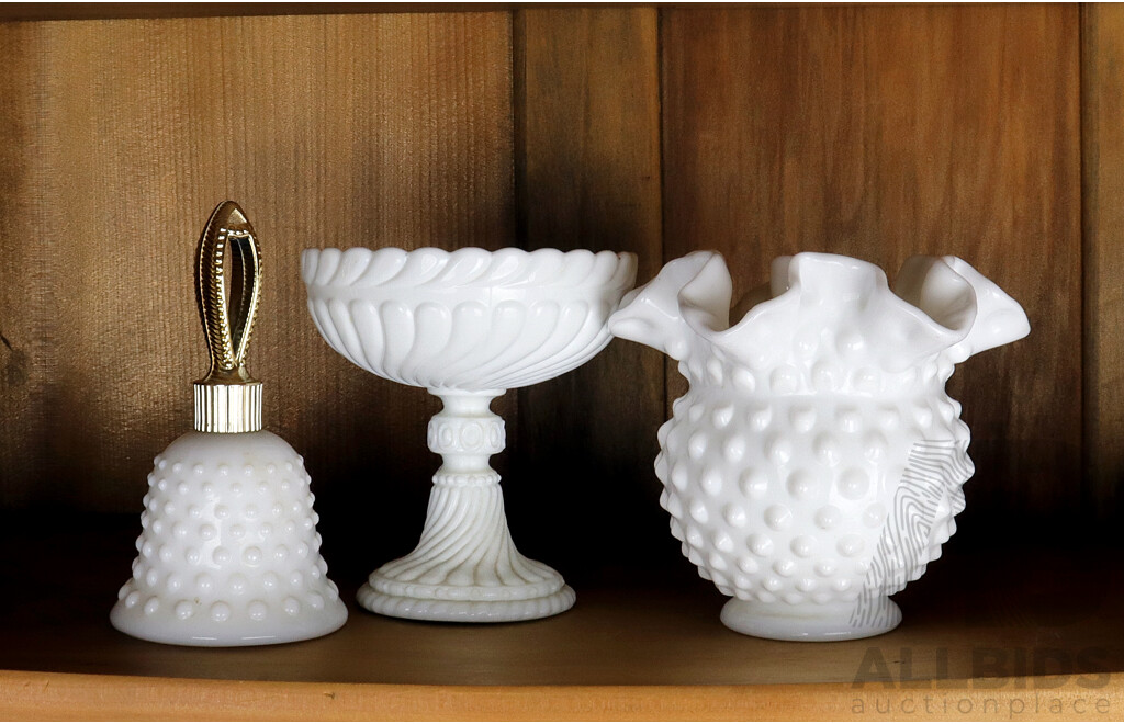 Three Pieces of Vintage Milk Glass with Knobbled Finish