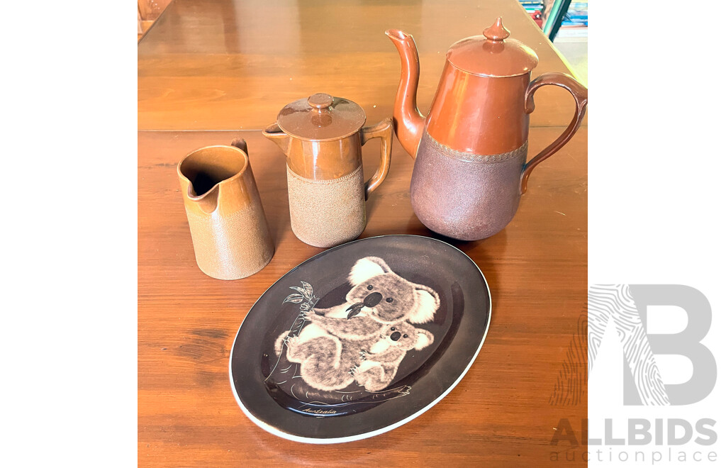 Set Vintage Ceramic Australian Fowler Ware Lidded Cofee Pot with Two Jugs Along with Little Sydney Pottery Koala Themed Platter