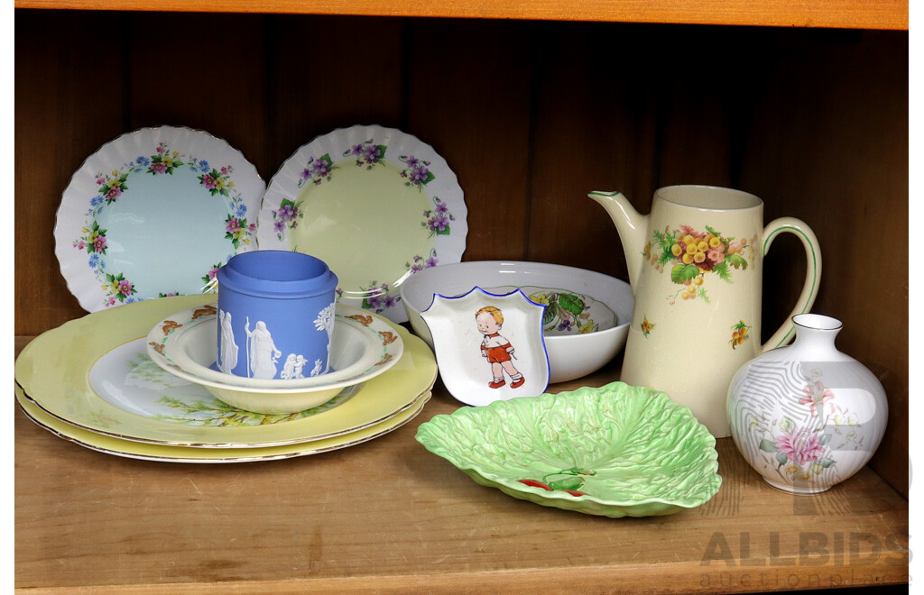 Collection 12 Vintage Quality English Porcelain Pieces Including Shelly, Wedgwood Jasperware, Royal Doulton and More