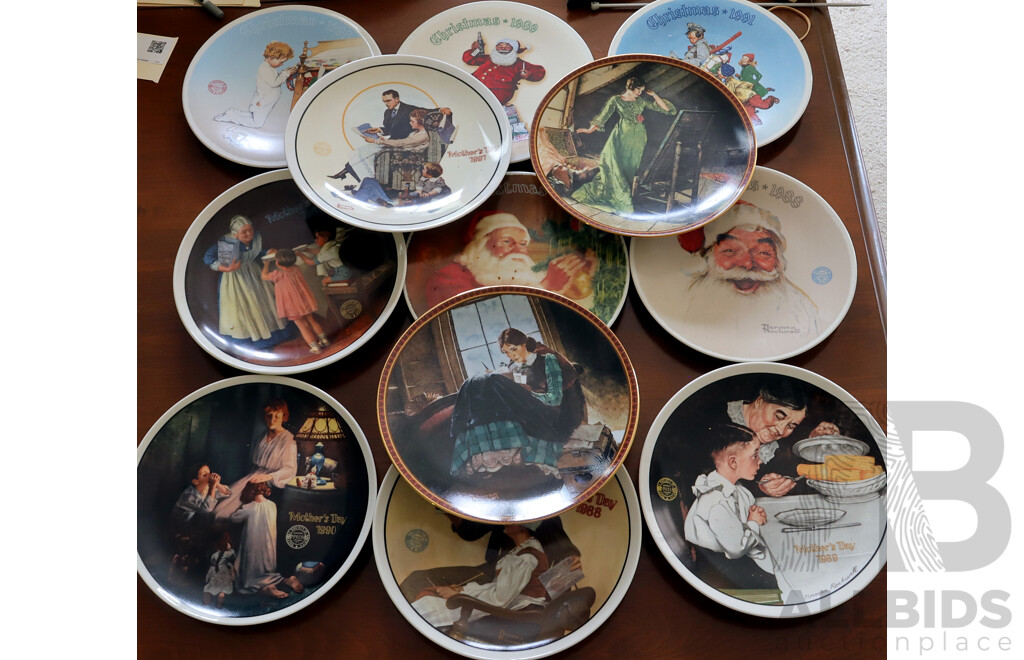 Collection 12 Limited Edition Edwin M Knowles for Bradex Porcelain Norman Rockwell Display Plates Including Christmas and Mothers Day Examples
