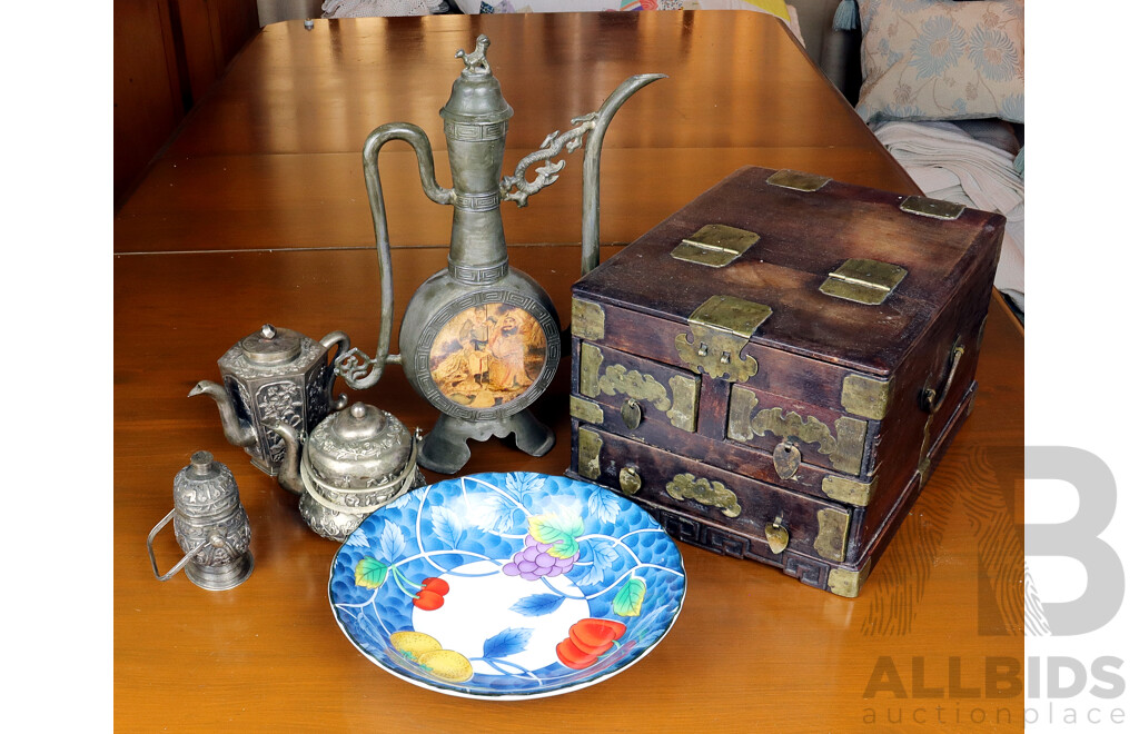 Collection Asian Items Including Pewter Teapot, Contemporary Chinese Porcelain Dish, Wooden Box with Brass Detail, Chinese Three Piece White Metal Tea Service and More
